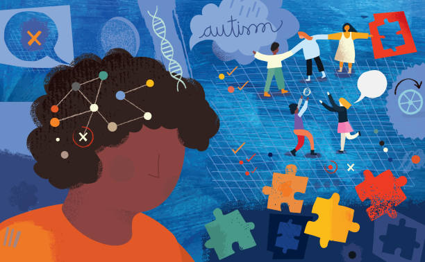 Vector montage illustration composed from handmade textures, doodles, paper cut out elements and acrylic painting background depicting inclusive education - practices concept showing autistic boy and classmates. Autistic boy in the front, puzzles as awareness symbol for autism spectrum disorder, DNA symbol for genetic risk, wheels and check marks with bullet points for routine and repetitive behaviors.